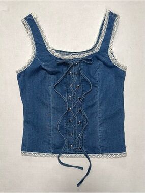 Denim Lace Trim Faux Corset Tank Top S Coquette Romantic Western Prairie NWT